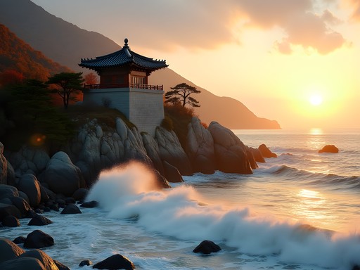 Sunrise at Haedong Yonggungsa Temple on Busan's rocky coast with fall colors