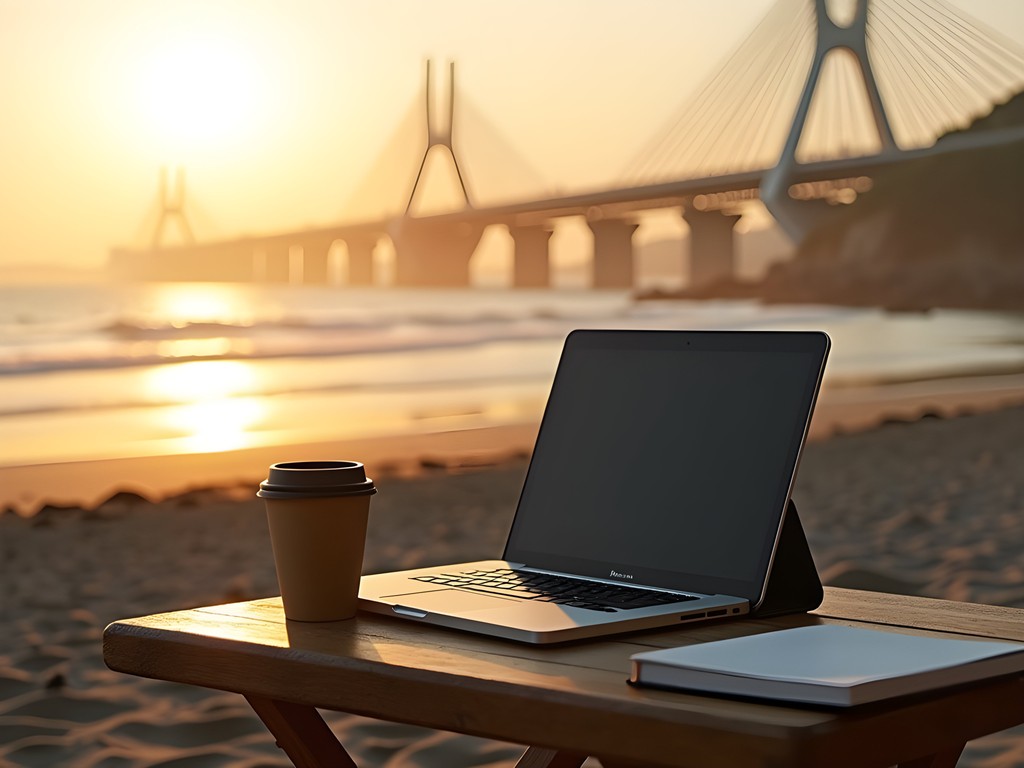 Digital nomad working on laptop at sunrise from Gwangalli Beach in Busan with Gwangan Bridge view