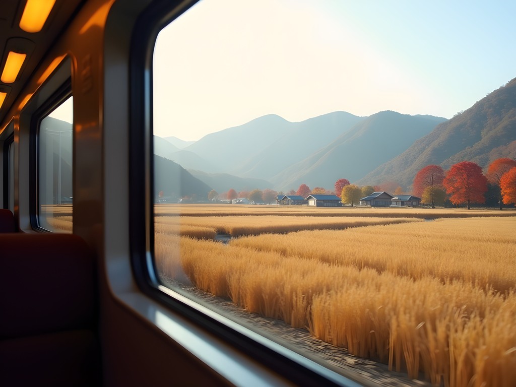 View from train window of Korean countryside with mountains and rice fields in fall colors