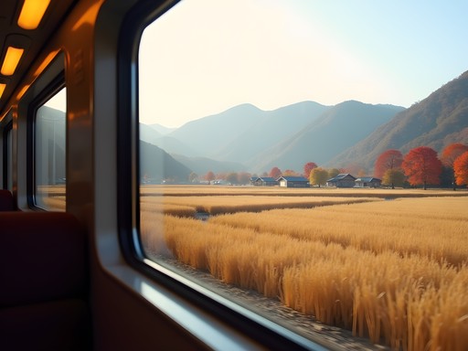 View from train window of Korean countryside with mountains and rice fields in fall colors