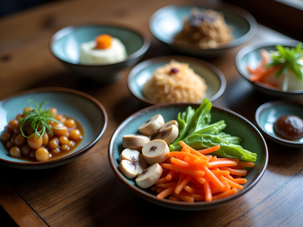Colorful array of vegan Korean temple food dishes with banchan