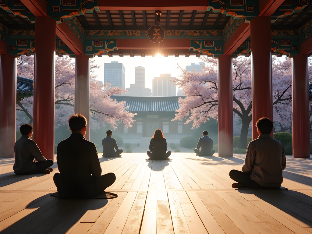 Morning meditation session at Bongeunsa Temple with cherry blossoms in bloom