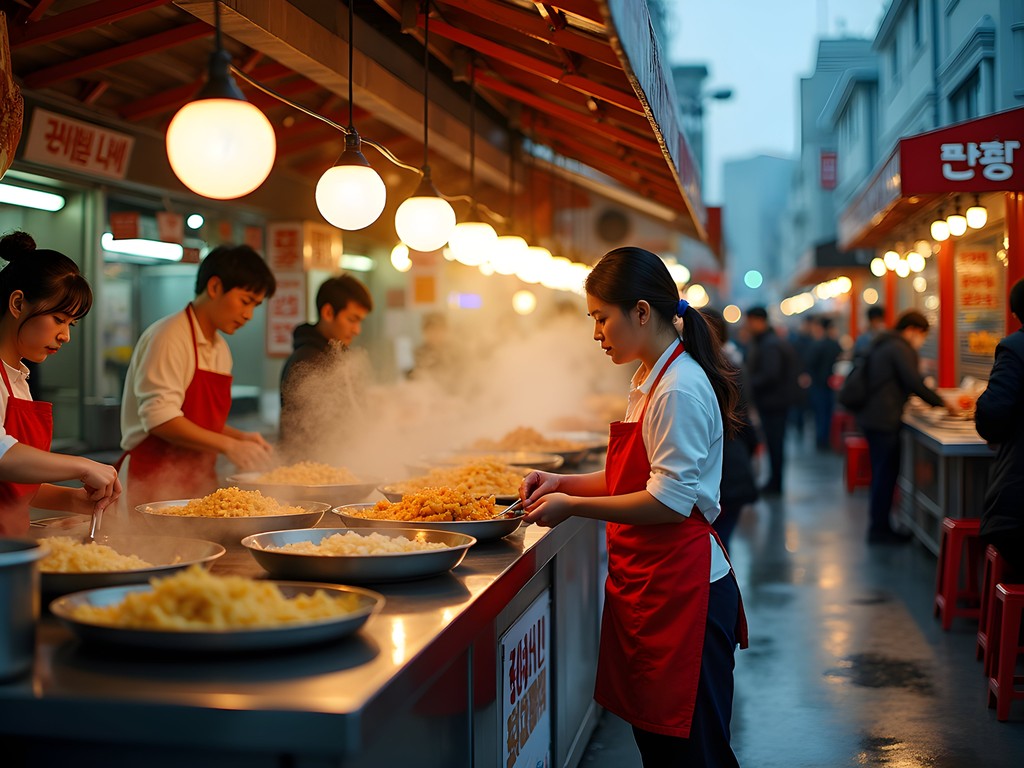 Colorful array of street food at Gwangjang Market with vendors cooking for customers