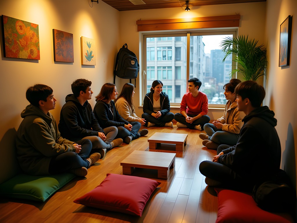 Cozy common area in a Seoul budget guesthouse with travelers sharing stories