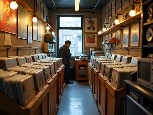 Browsing vinyl records in a small underground Seoul record shop with vintage decor
