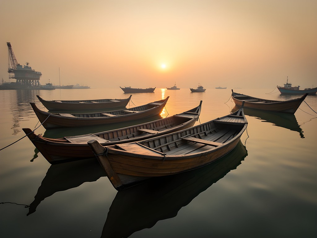 Traditional fishing boats in Seria harbor at dawn with oil platforms visible in distance