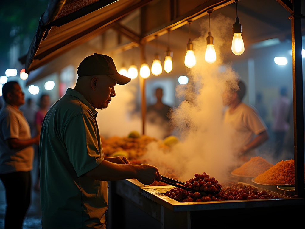 Vibrant evening food market in Seria with local Bruneian dishes and vendors