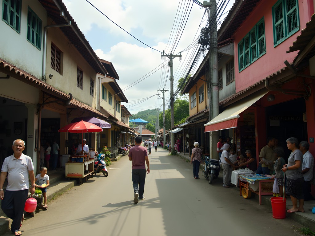 Multicultural street scene in Seria showing diverse architectural influences and daily life