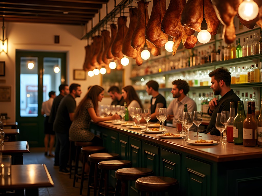 Authentic local tapas bar in Seville with Spanish patrons and traditional food