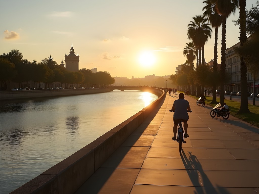 Cycling along the Guadalquivir River in Seville with Torre del Oro in background