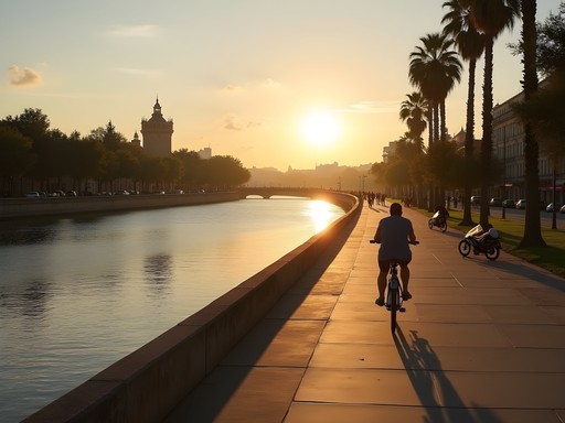 Cycling along the Guadalquivir River in Seville with Torre del Oro in background