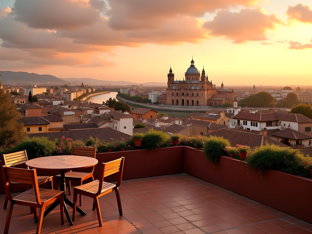 Sunset view of Seville from a Triana neighborhood rooftop terrace