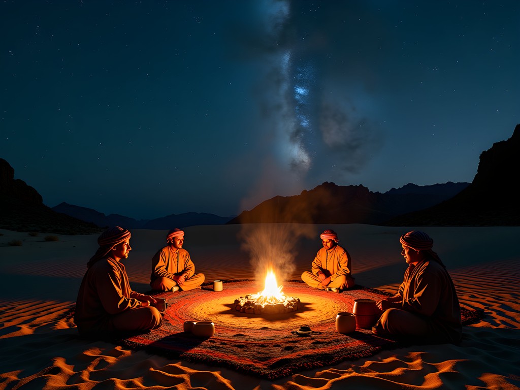 Bedouin desert camp in Sinai mountains under starry night sky