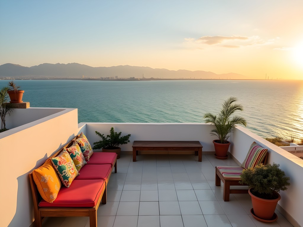 Budget guesthouse rooftop terrace overlooking Red Sea at sunset