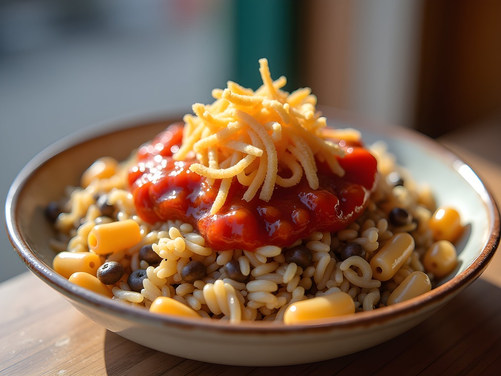 Traditional Egyptian koshari served at street food stall in Old Sharm