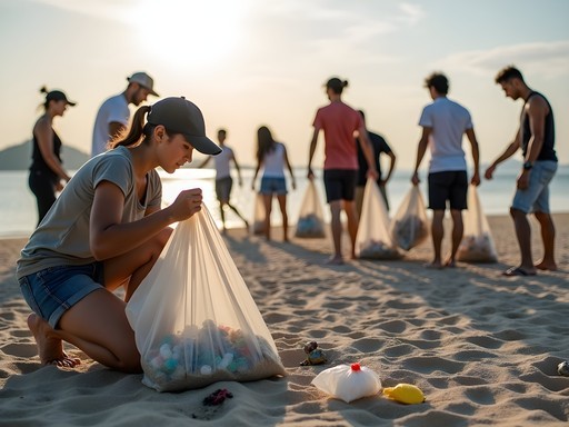 Travelers participating in beach cleanup efforts on Otres Beach, Sihanoukville