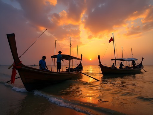 Traditional wooden fishing boats returning at sunset in Sihanoukville