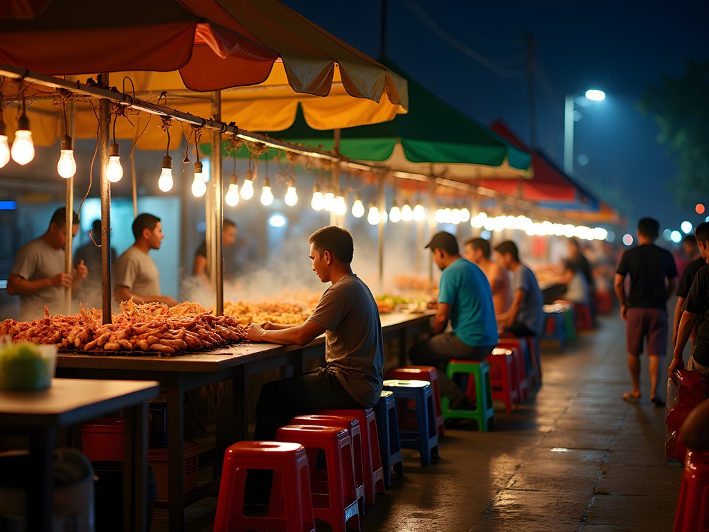 Vibrant night market food stalls in Sihanoukville with affordable local cuisine