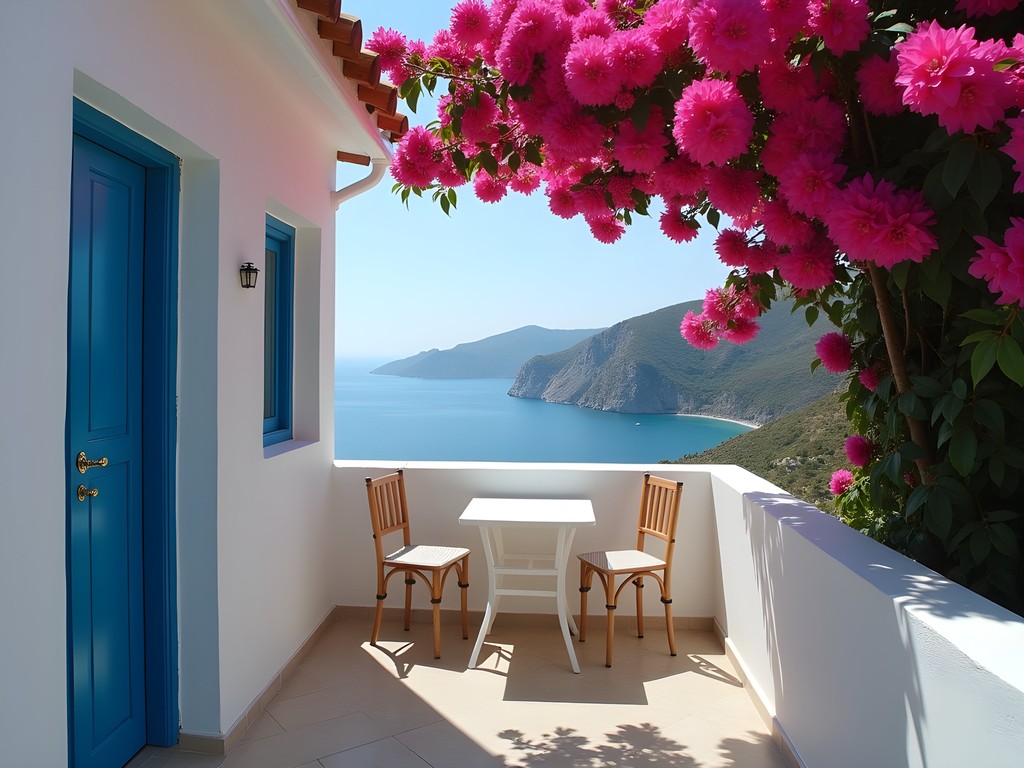 Simple Greek guesthouse balcony with bougainvillea and sea view in Skiathos