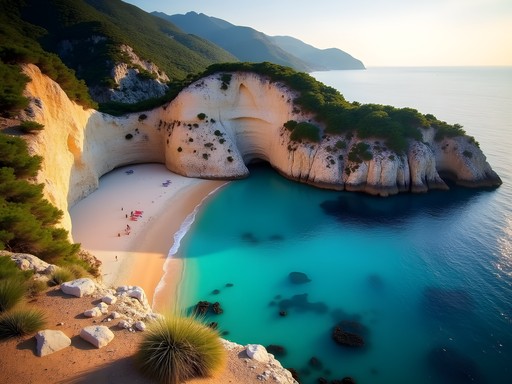 Secluded Kechria Beach on Skiathos' north coast with dramatic cliffs and clear water