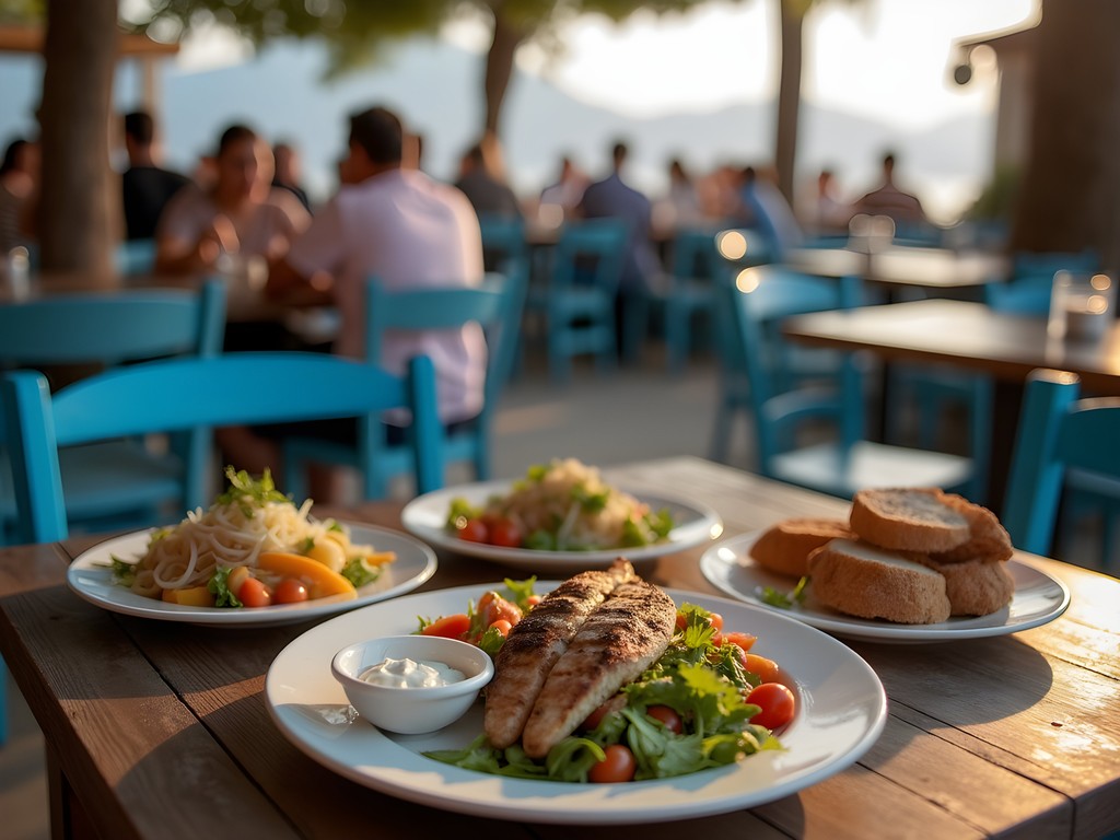 Authentic local taverna in Skiathos with simple tables and traditional Greek dishes
