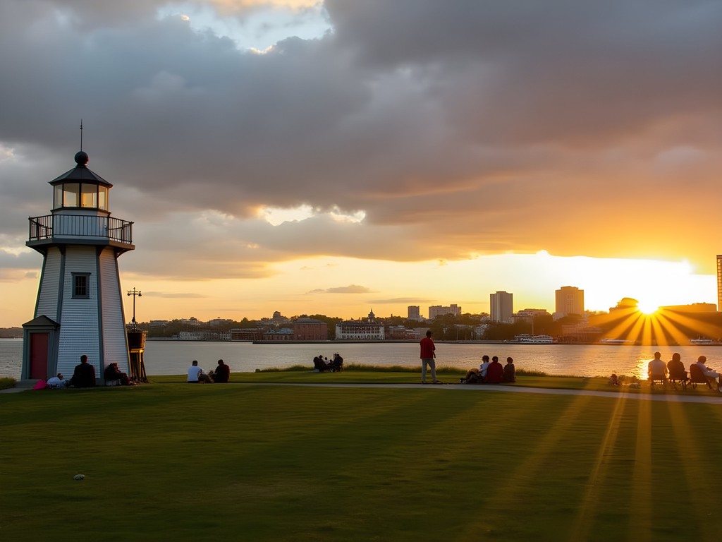 Sunset at Bug Light Park with Portland skyline views