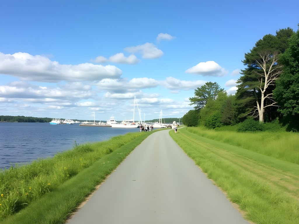 Woman cycling on South Portland's scenic Greenbelt Walkway with harbor views