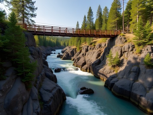 Suspension bridge over Spokane River at Bowl and Pitcher in Riverside State Park