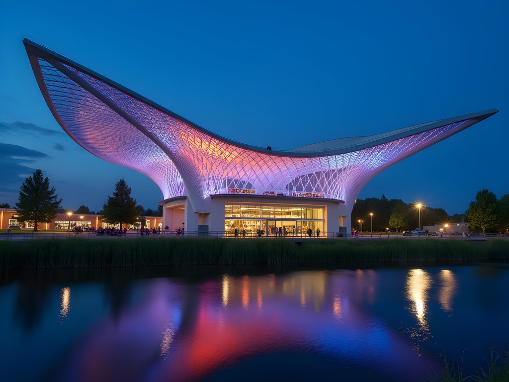 Illuminated U.S. Pavilion structure in Spokane's Riverfront Park at dusk