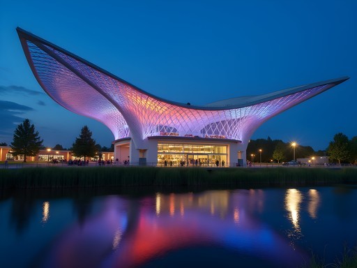 Illuminated U.S. Pavilion structure in Spokane's Riverfront Park at dusk