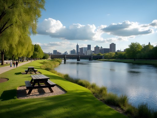 Picnic spot along Spokane River with Centennial Trail and downtown skyline view