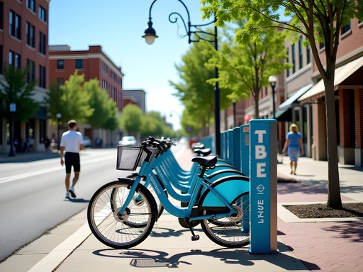 Bike share station in downtown Springfield Missouri on a summer day