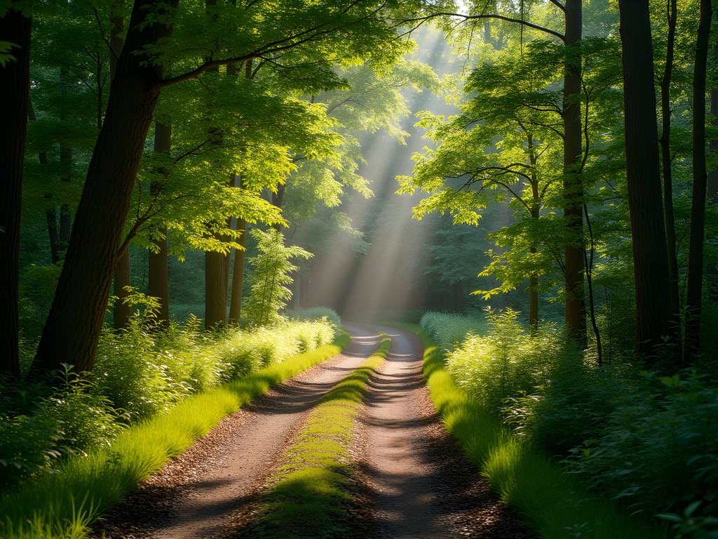 Sunlight filtering through trees on a trail at Springfield Conservation Nature Center