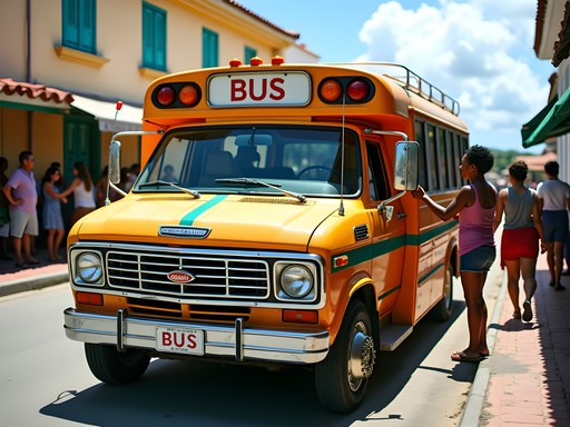Colorful local bus in St. John's, Antigua with passengers boarding