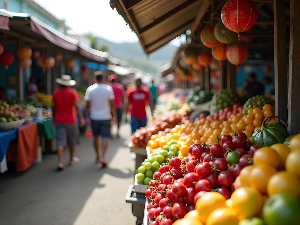 Vibrant local food market in St. John's, Antigua with colorful produce and street food