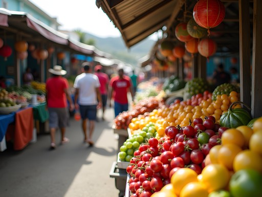 Vibrant local food market in St. John's, Antigua with colorful produce and street food