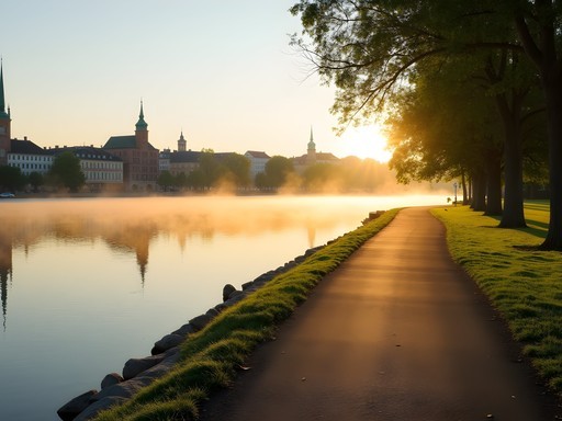 Early morning runner on waterfront path in Djurgården, Stockholm