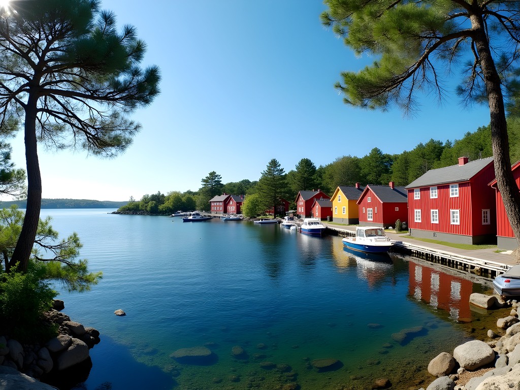 View of colorful wooden houses along the shore in Vaxholm, Stockholm archipelago
