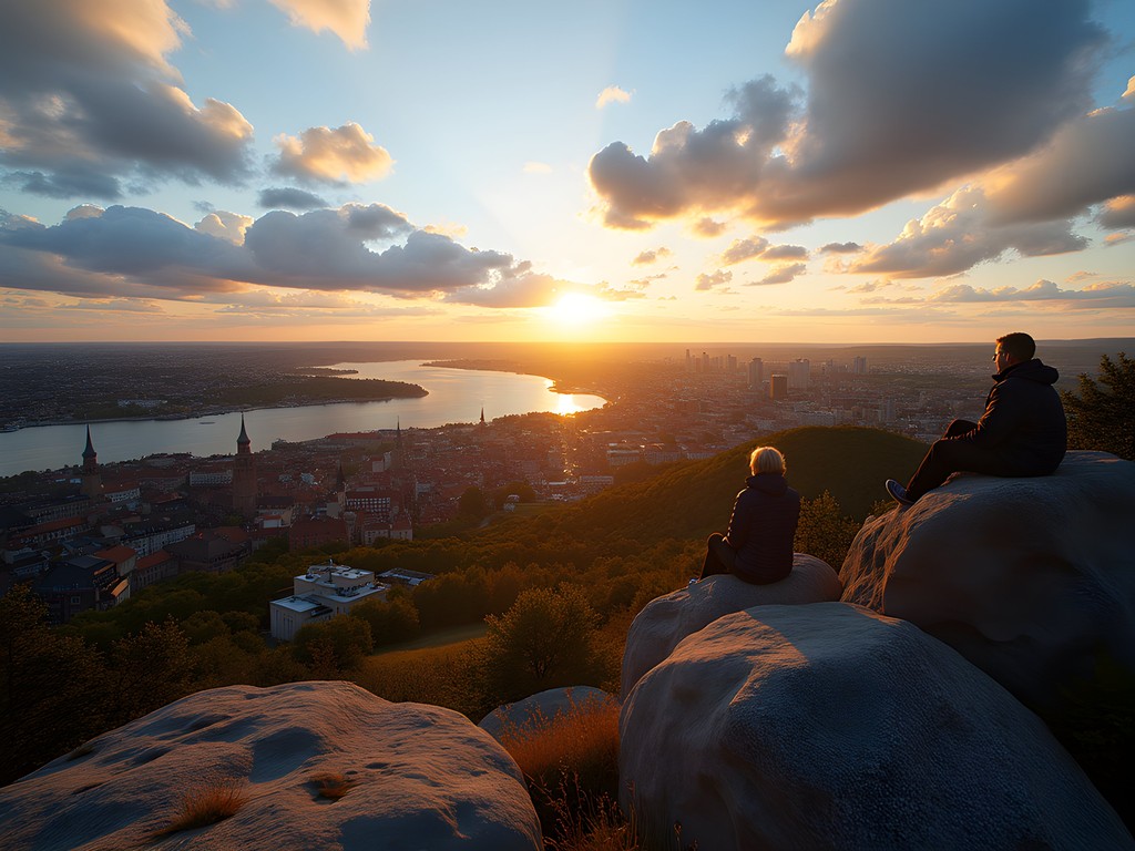 Golden evening light over Stockholm's waterfront viewed from Skinnarviksberget viewpoint