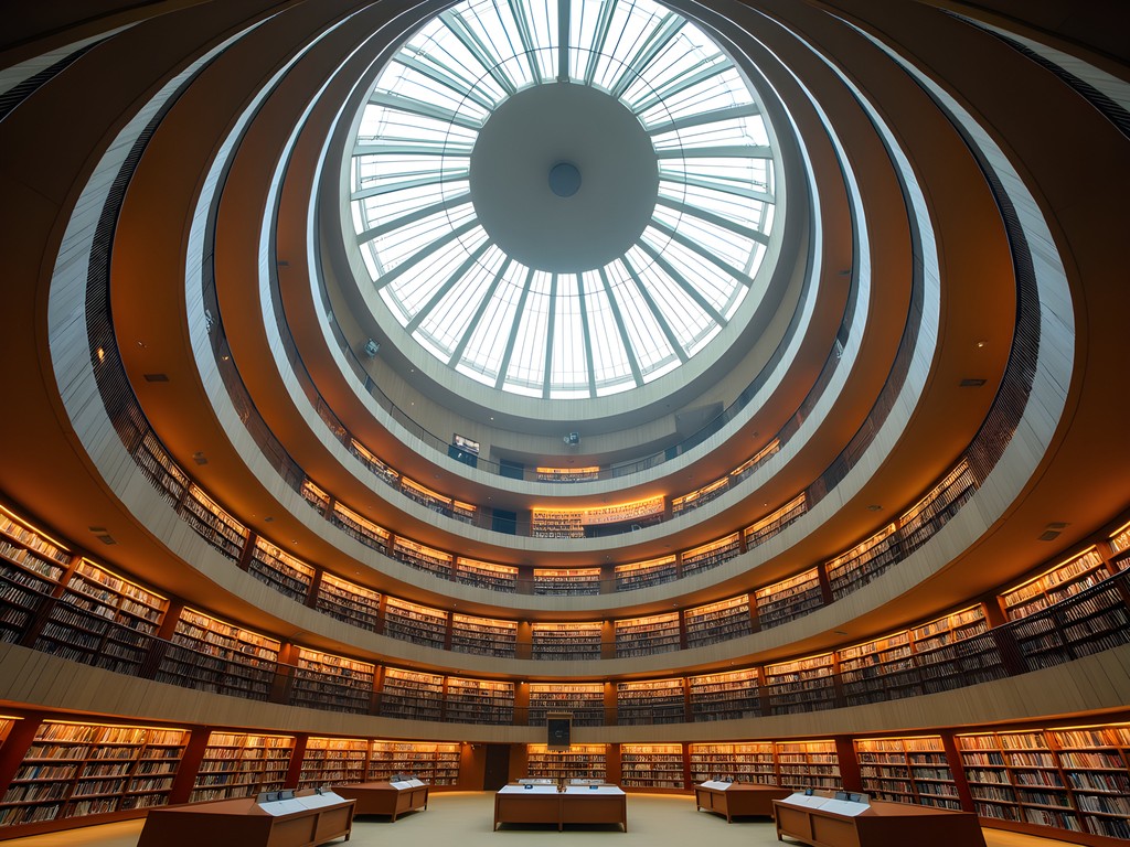 The circular main hall of Stockholm Public Library with tiered bookshelves