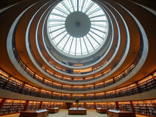 The circular main hall of Stockholm Public Library with tiered bookshelves