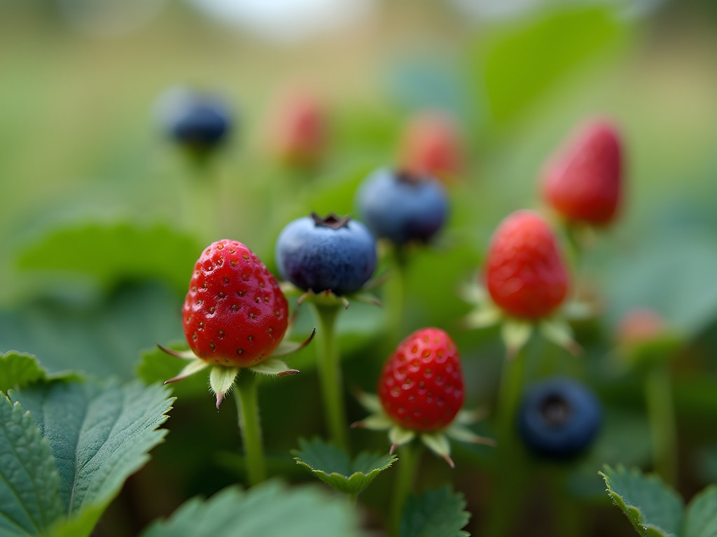 Wild strawberries and blueberries growing in Djurgården park, Stockholm