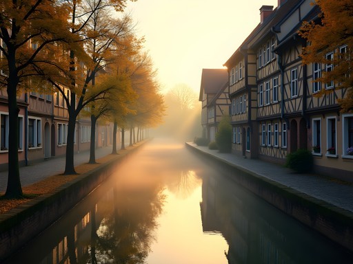 Misty dawn in Petite France district of Strasbourg with half-timbered houses and canals