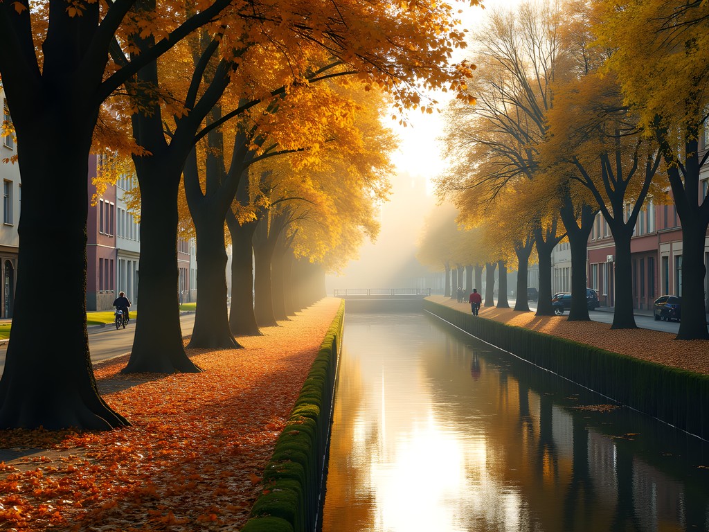 Cyclist on tree-lined canal path in Strasbourg during autumn with colorful fall foliage