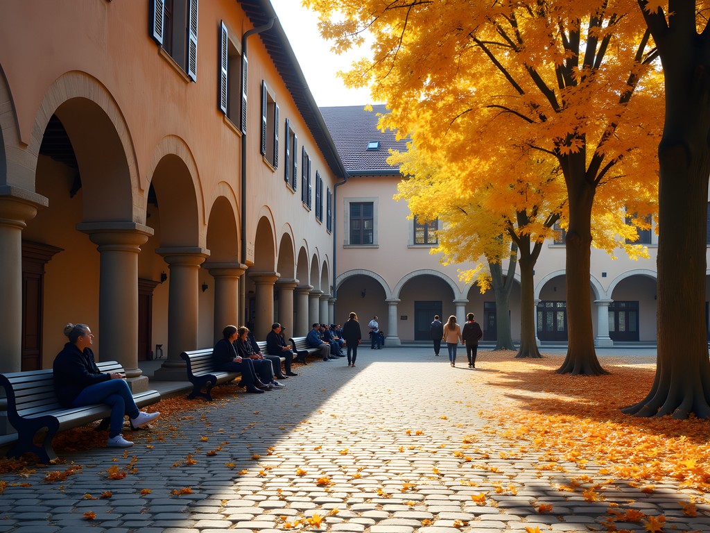 Historic courtyard of University of Strasbourg in autumn with students and fall foliage