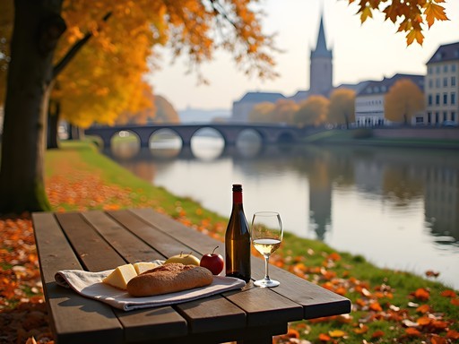 Autumn picnic by the River Ill in Strasbourg with cathedral view and fall foliage