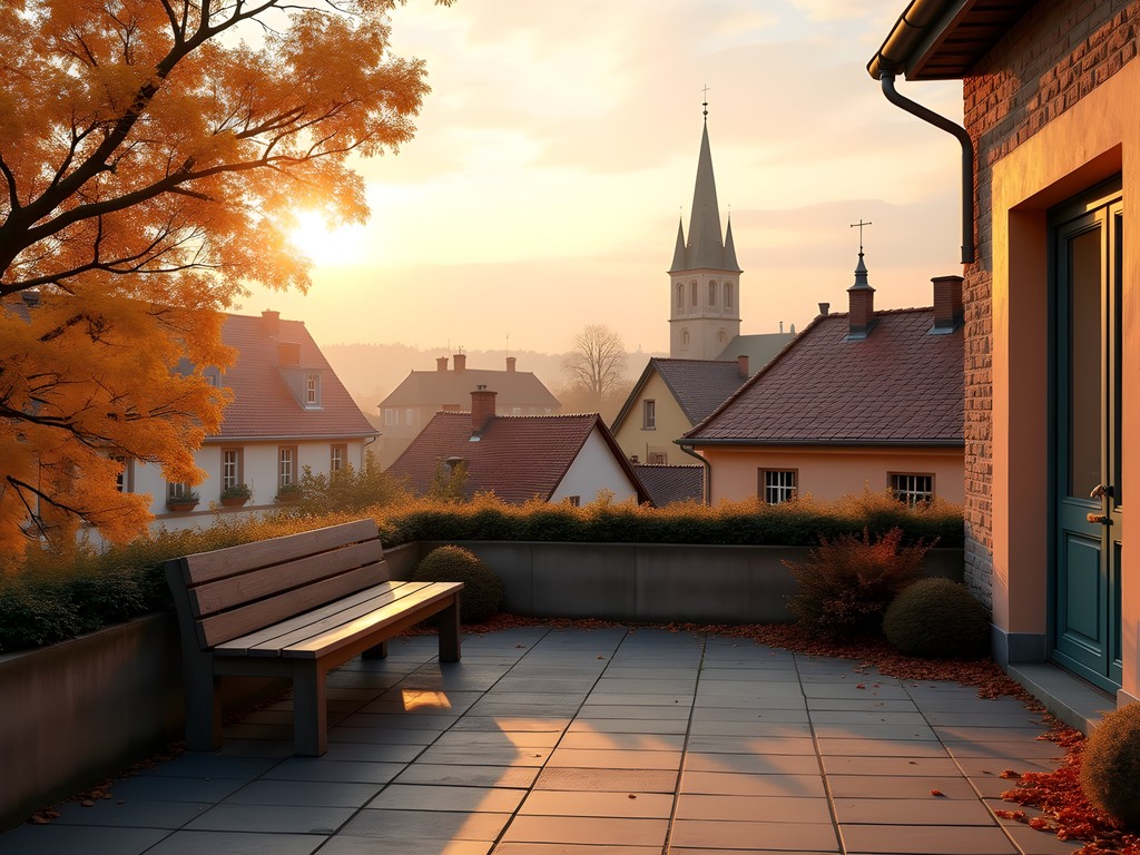 Morning meditation view from Strasbourg hostel rooftop overlooking red-tiled roofs