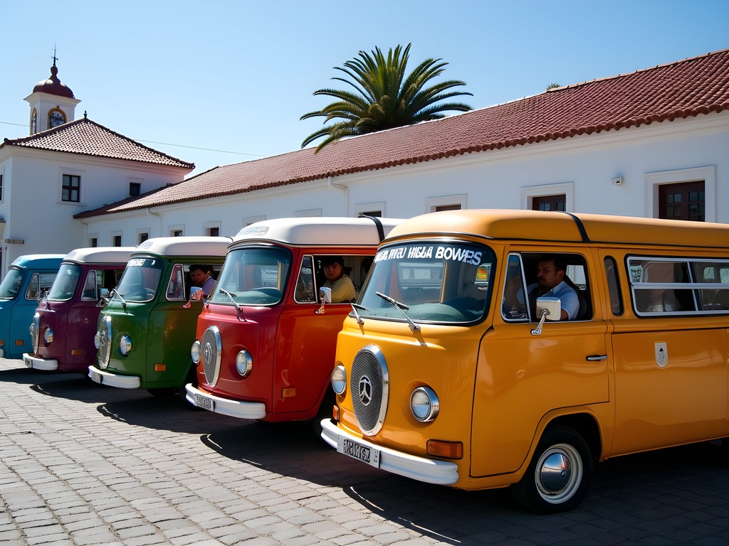 Colorful microbuses lined up on a street in Sucre with passengers boarding