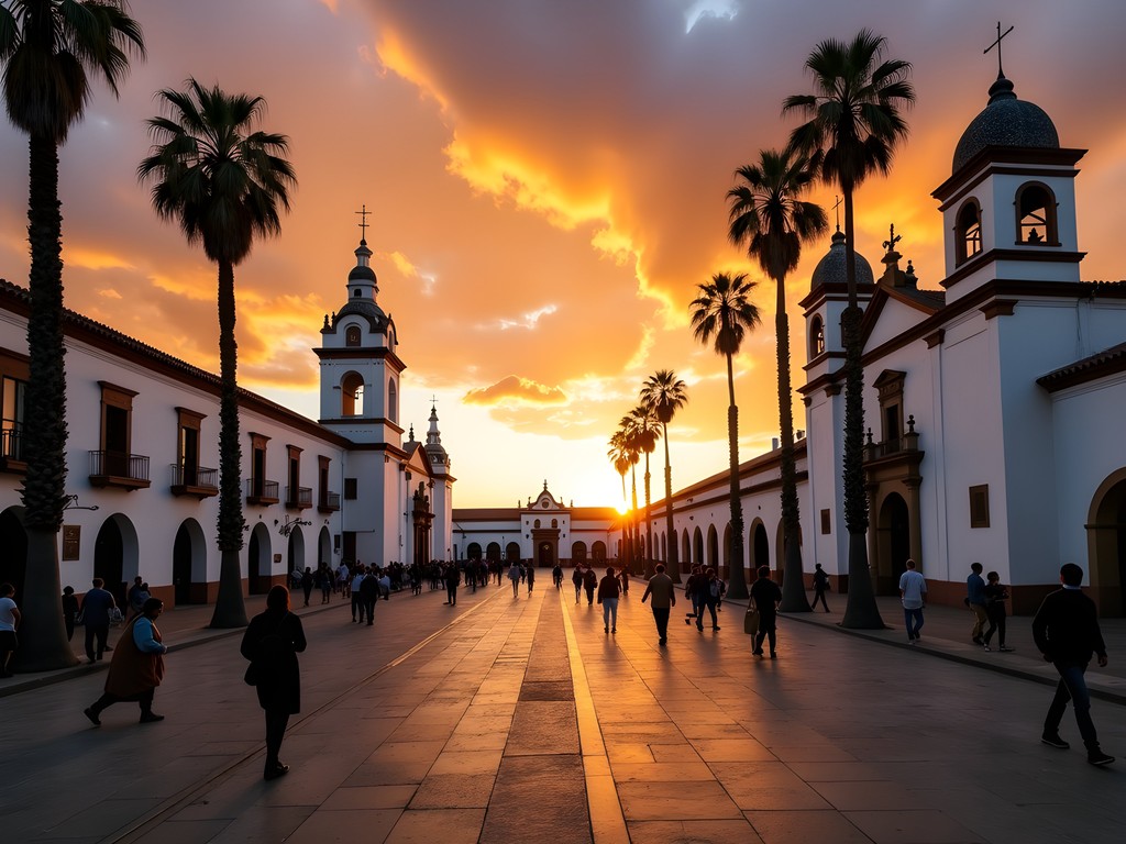 Golden sunset over Plaza 25 de Mayo in Sucre with cathedral and colonial buildings