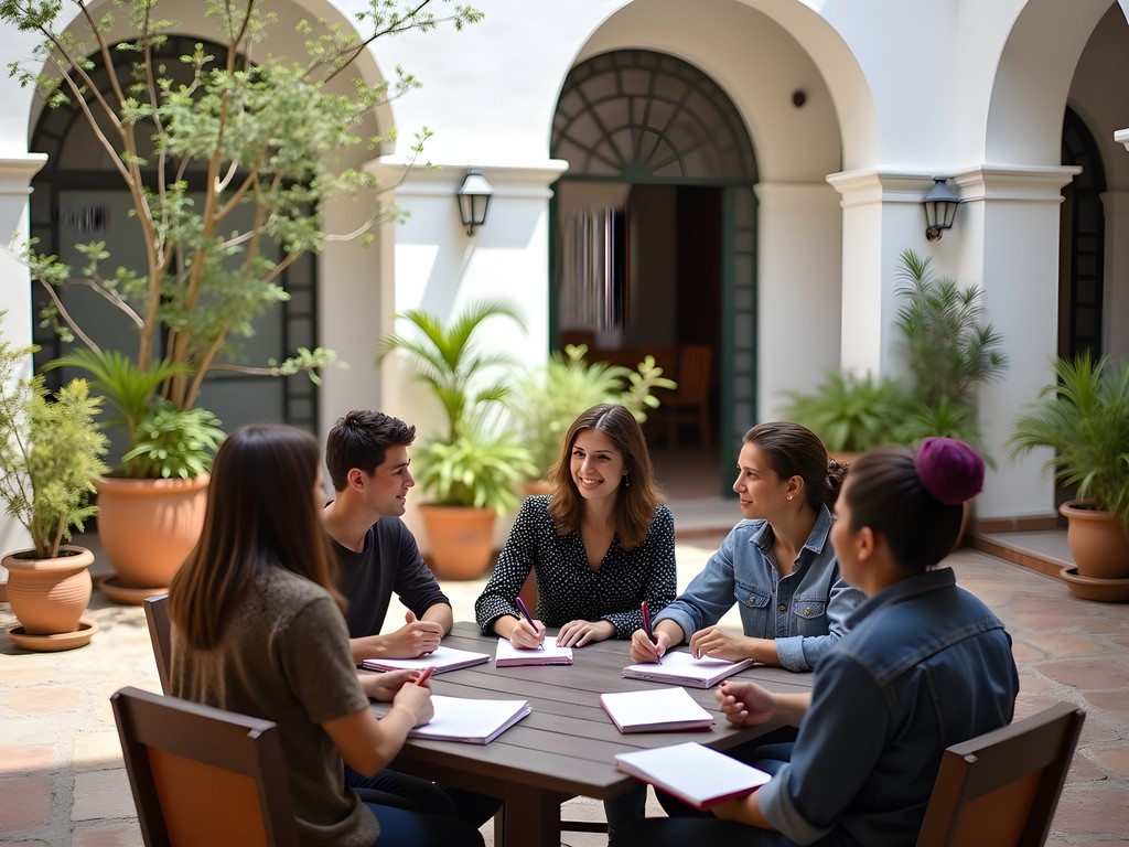 Outdoor Spanish class in a colonial courtyard in Sucre with students and teacher